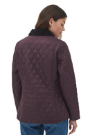 Back view of dark plum quilted jacket with diamond pattern and structured collar