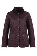 Dark plum quilted jacket with diamond pattern, stand collar, gold button, Barbour logo