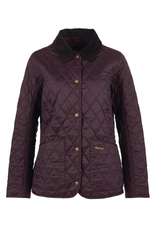 Dark plum quilted jacket with diamond pattern, stand collar, gold button, Barbour logo