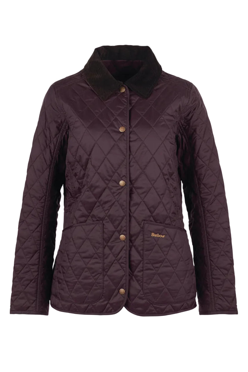 Dark plum quilted jacket with diamond pattern, stand collar, gold button, Barbour logo