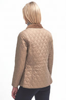 Beige diamond-quilted jacket with stand collar, back view.