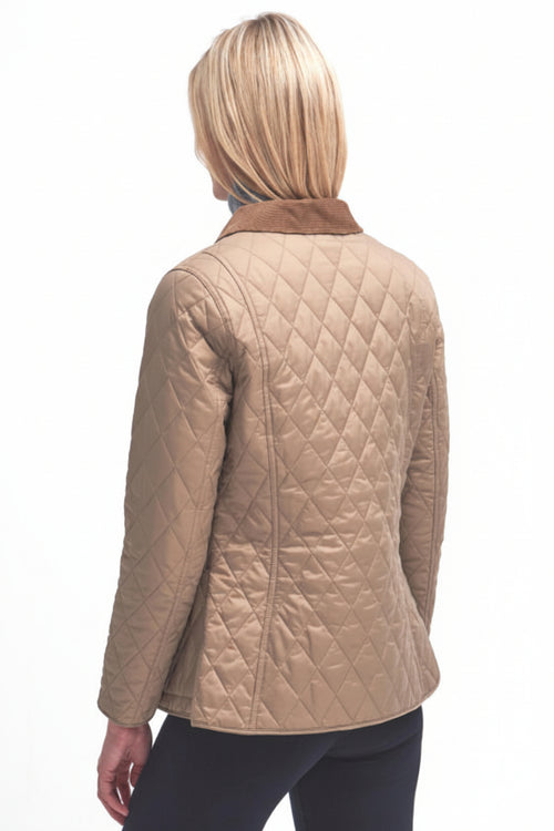 Beige diamond-quilted jacket with stand collar, back view.