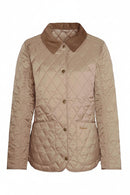 Tan-beige quilted jacket with button placket, diamond stitching, two front pockets.