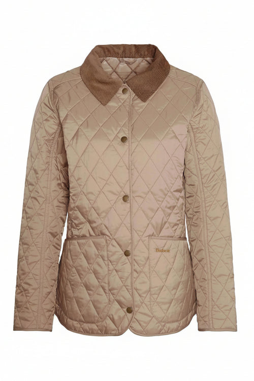 Tan-beige quilted jacket with button placket, diamond stitching, two front pockets.