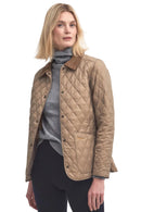 Beige quilted jacket with diamond pattern, buttoned chest pocket and stand collar.