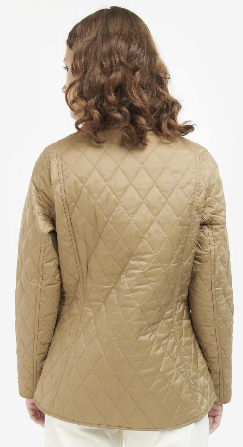 Back view of women’s tan quilted jacket with diamond stitching and fitted silhouette.