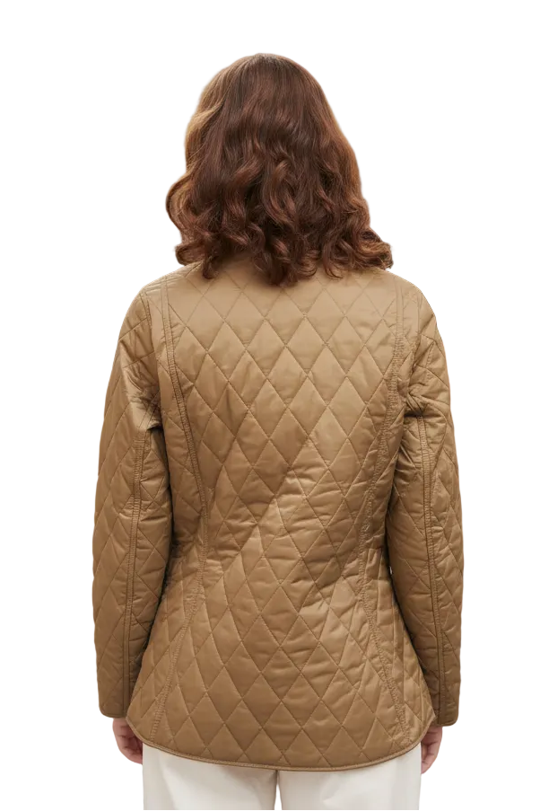 Back view of tan quilted jacket with diamond pattern and seam shaping on shoulders.