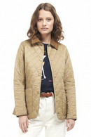 Women’s tan quilted jacket with diamond stitching, brown collar, snap button placket.