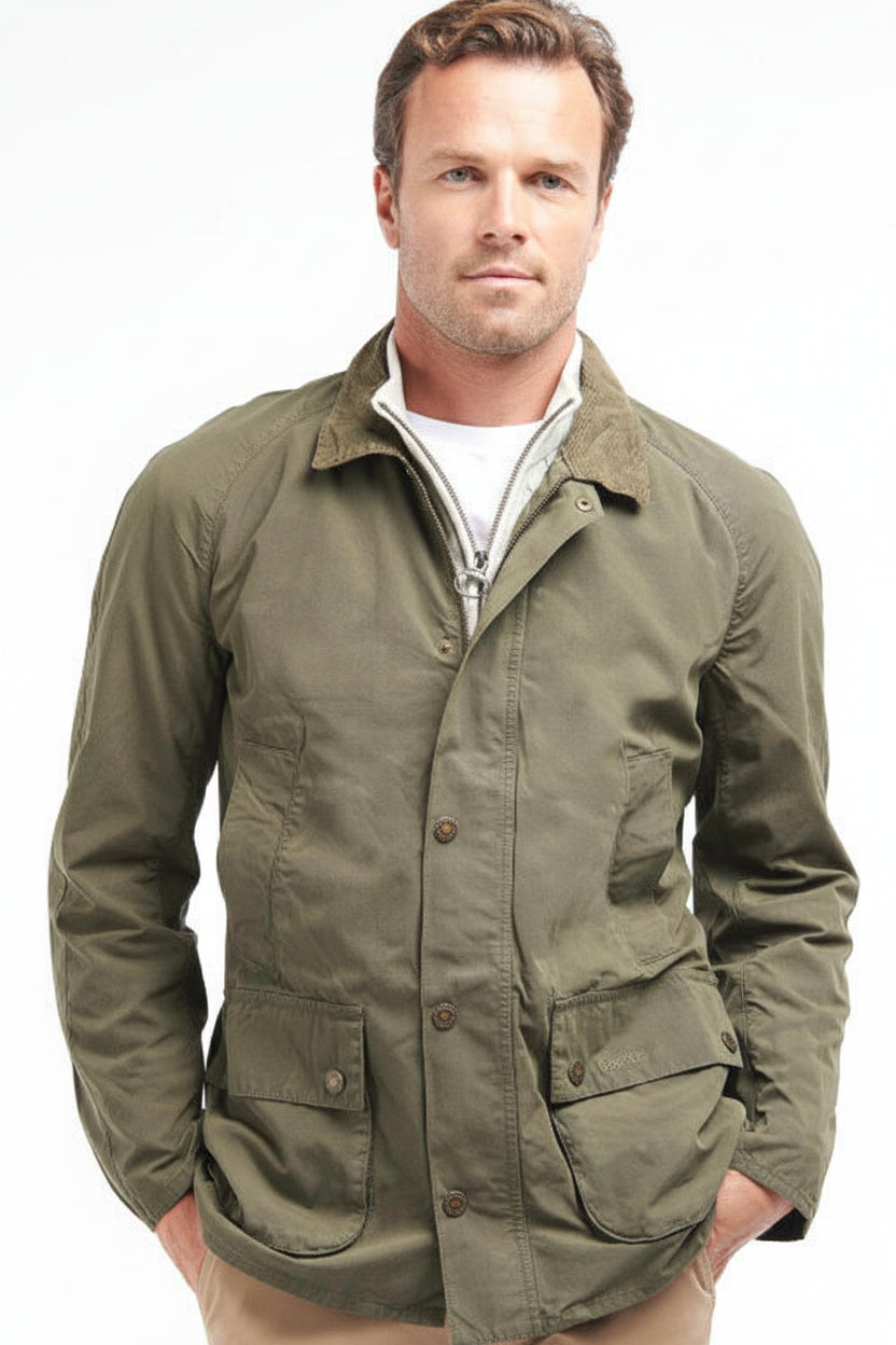 Olive Barbour casual jacket with mock neck, front buttons, and flap pockets