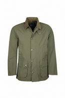 Olive Barbour casual jacket front view with button placket and chest pockets
