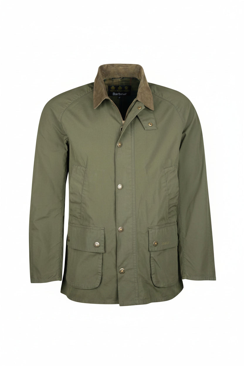 Olive Barbour casual jacket front view with button placket and chest pockets