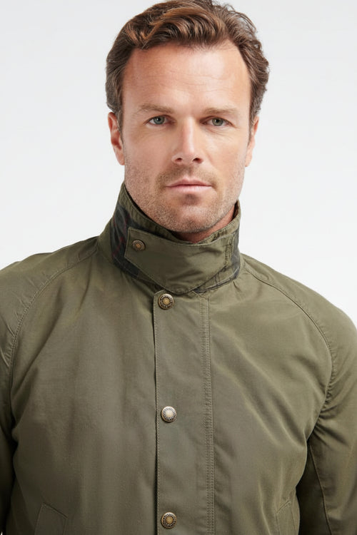 Olive Barbour casual jacket with stand collar and button-up placket