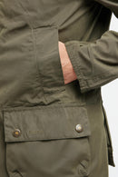 Olive Barbour casual jacket with flap chest pocket and snap buttons detail