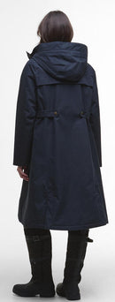 Navy waterproof hooded jacket back view with belt at waist
