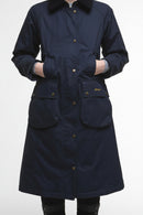 Navy waterproof parka jacket with hood, front button closure, and patch pockets