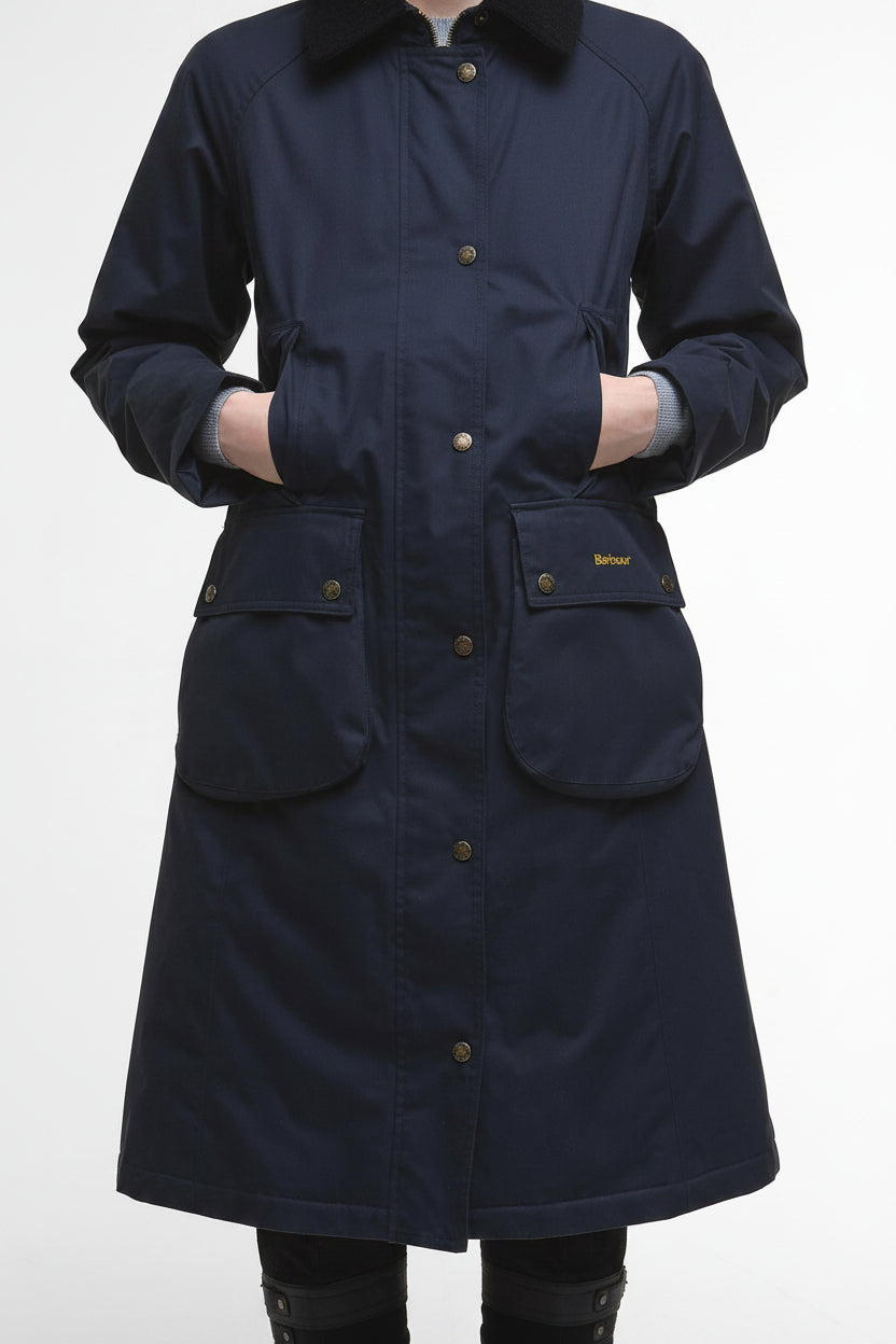 Navy waterproof parka jacket with hood, front button closure, and patch pockets