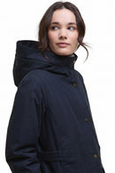 Navy waterproof jacket hood with high collar and gold button placket