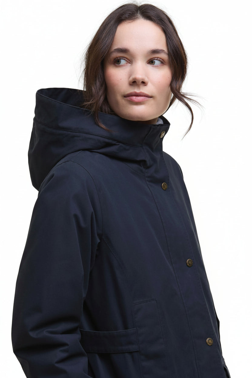 Navy waterproof jacket hood with high collar and gold button placket