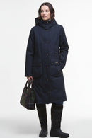 Navy waterproof parka with hood, flap pockets, and buttoned cuffs