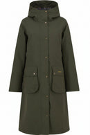 Olive hooded waterproof jacket parka with button front and large flap pockets