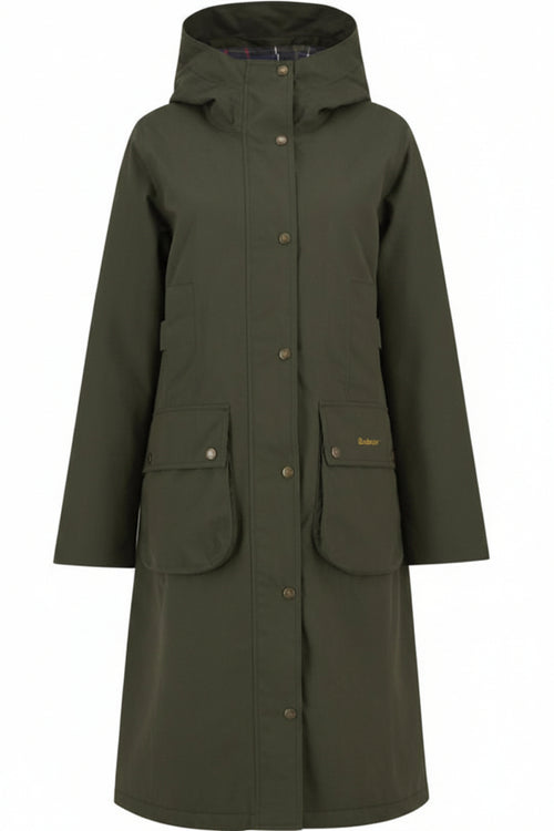 Olive hooded waterproof jacket parka with button front and large flap pockets
