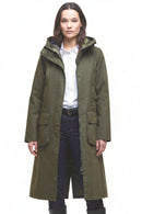 Olive hooded waterproof jacket parka on model, front view with flap pockets