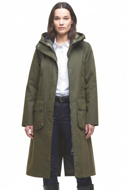 Olive hooded waterproof jacket parka on model, front view with flap pockets