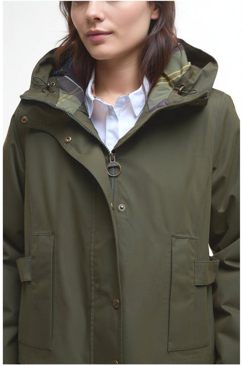 Olive waterproof jacket with hood, metal button front, and two flap pockets