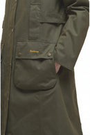 Olive waterproof jacket with flap chest pocket and side pocket, button closure
