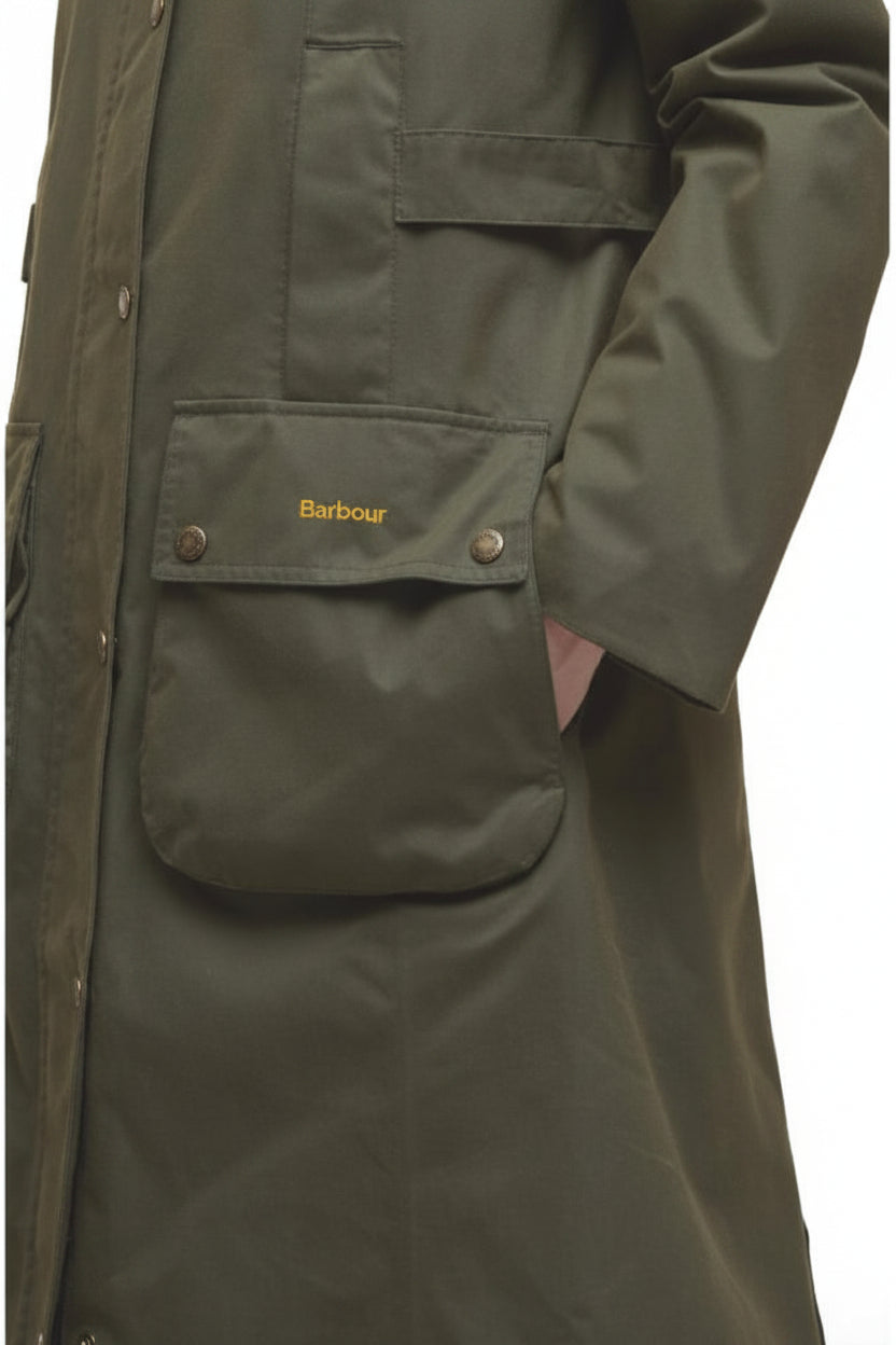 Olive waterproof jacket with flap chest pocket and side pocket, button closure