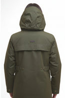 Olive hooded waterproof jacket, back view with drawstring hood and buttoned hem