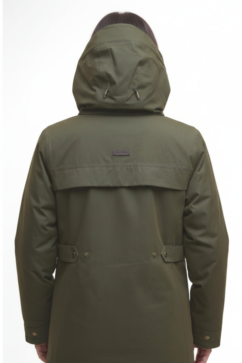 Olive hooded waterproof jacket, back view with drawstring hood and buttoned hem