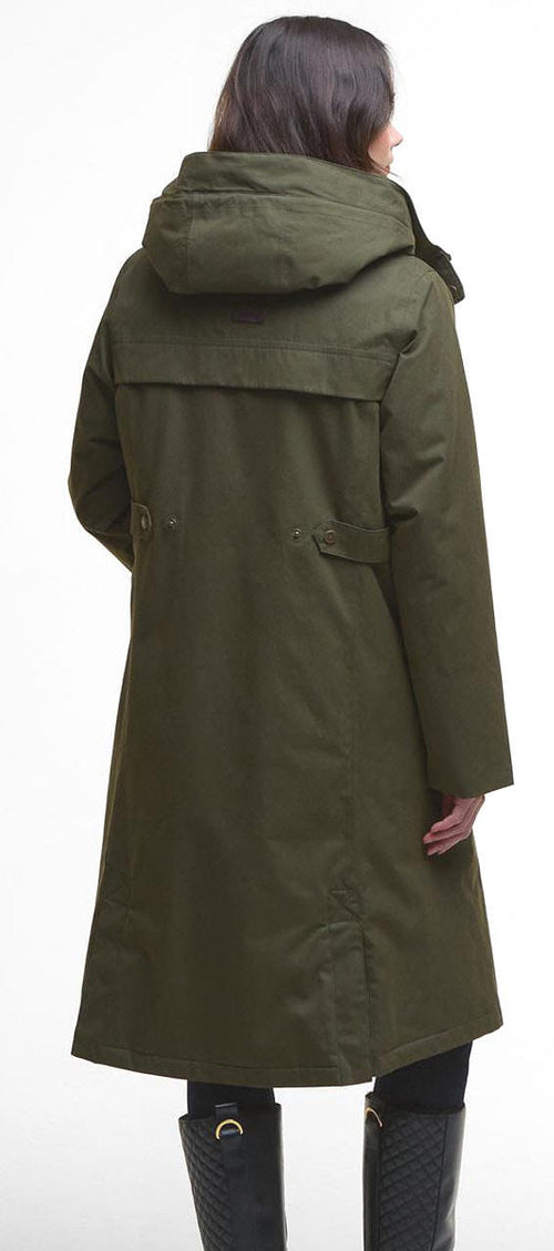 Olive waterproof jacket parka back view with drawstring hood and flap pocket