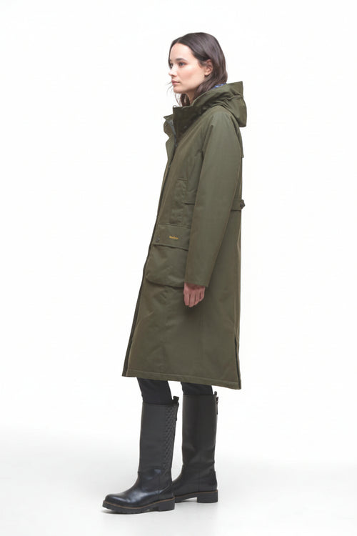 Olive waterproof jacket parka on model, side view with hood and button placket