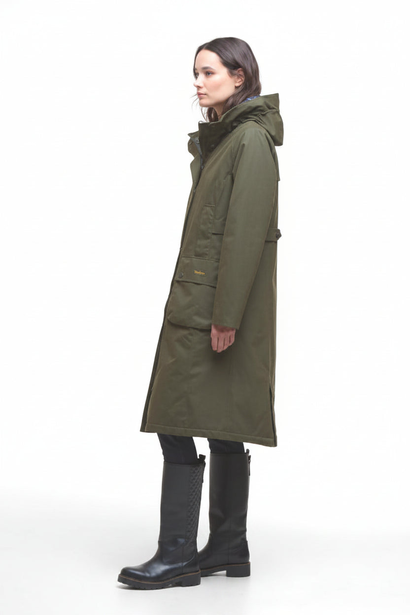 Olive waterproof jacket parka on model, side view with hood and button placket