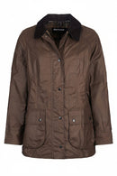 Women's brown waxed jacket with dark collar, button-up front, flap pockets