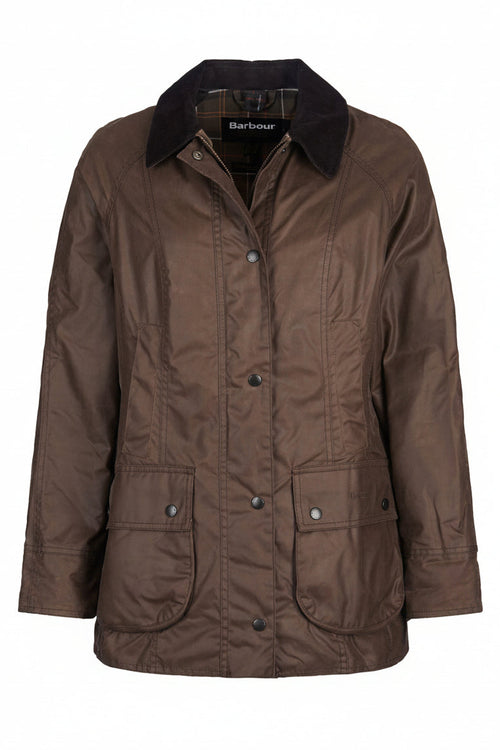 Women's brown waxed jacket with dark collar, button-up front, flap pockets