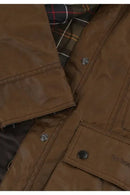 Brown waxed jacket with plaid lining at collar and metal snap buttons