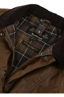 Brown jacket with plaid tartan lining panel and Barbour label near zip opening