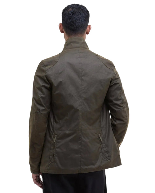 Men's olive wax jacket, stand collar, button-back, side pockets (rear view)