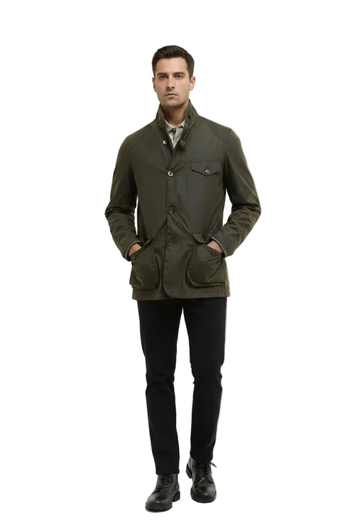 Men's olive wax jacket with stand collar, button front, chest pocket, side pockets