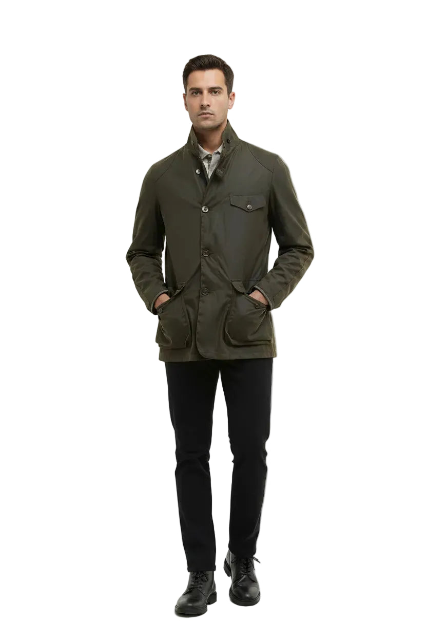 Men's olive wax jacket with stand collar, button front, chest pocket, side pockets