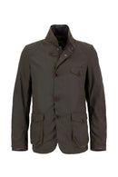 Men's olive wax jacket, stand collar, button front, flap chest pockets, drawcord hem