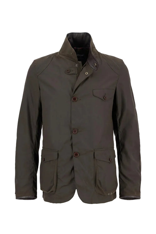Men's olive wax jacket, stand collar, button front, flap chest pockets, drawcord hem
