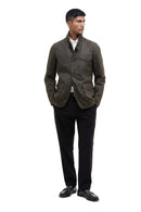 Men's olive wax jacket with stand collar, button front, chest pocket, side pockets