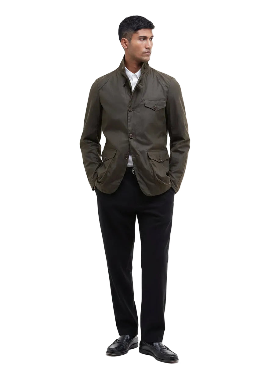 Men's olive wax jacket with stand collar, button front, chest pocket, side pockets