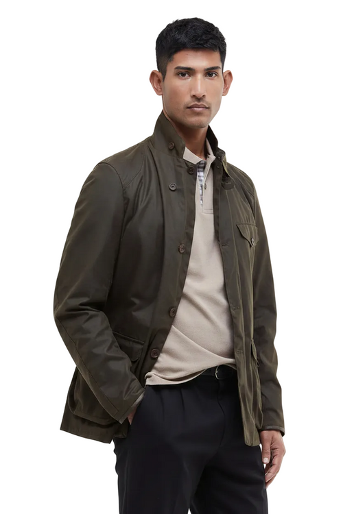 Men's olive wax jacket, stand collar, button front, chest pocket, tailored fit