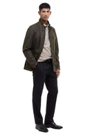 Men's olive wax jacket with stand collar, button front, flap chest pocket, long sleeves