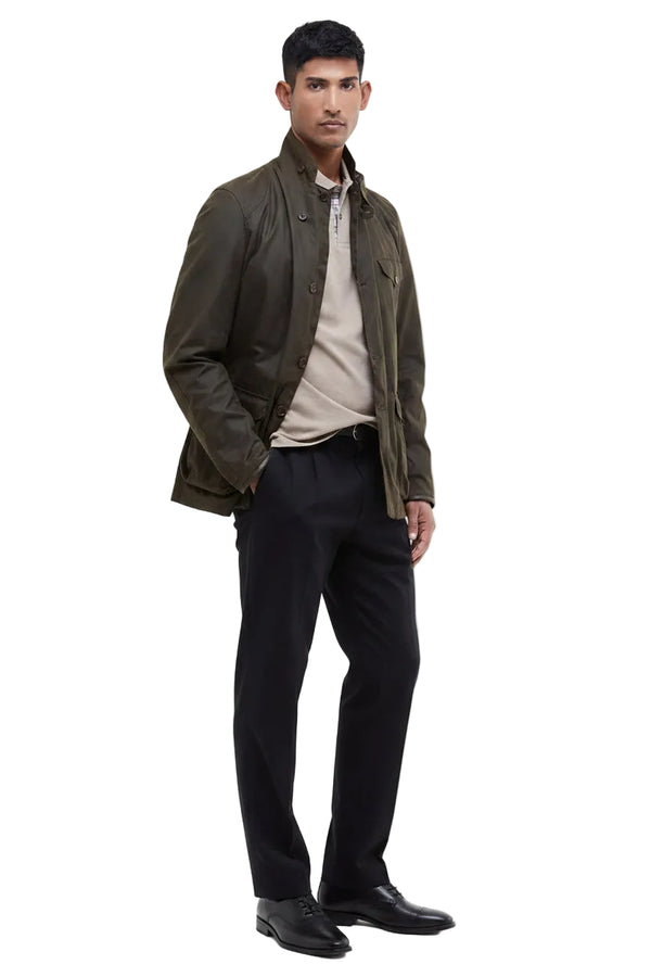 Men's olive wax jacket with stand collar, button front, flap chest pocket, long sleeves