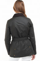 Women's belted waxed jacket, dark color, back view with belt and button details.
